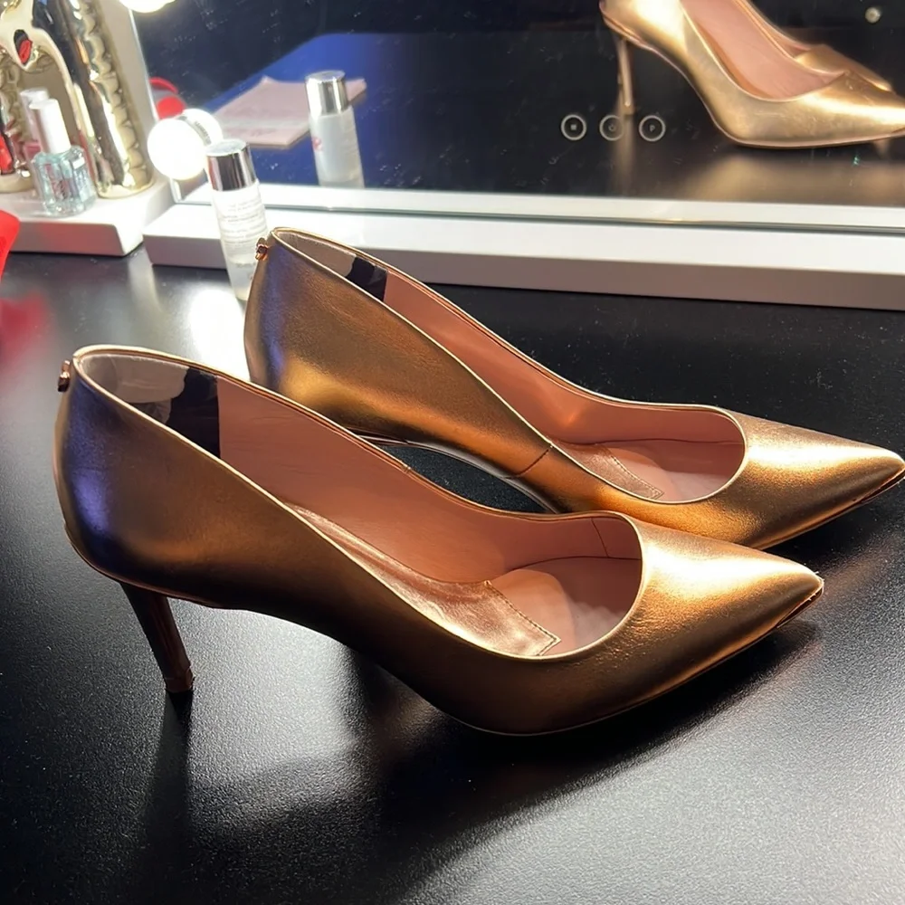 Ted Baker Metallic Gold Pointed-Toe Kitten Heel Pumps